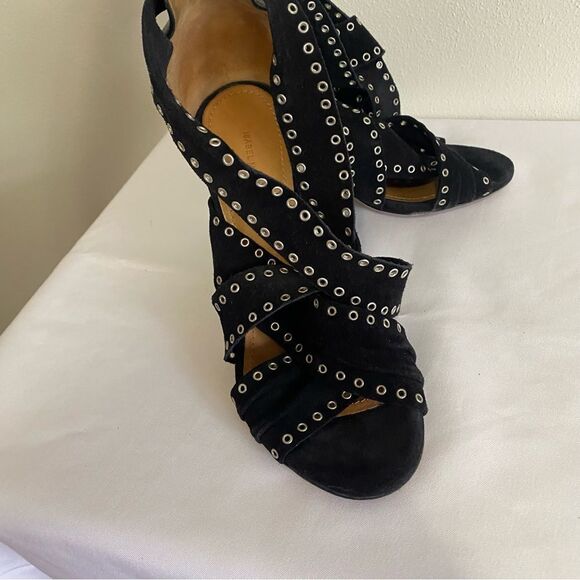 ISABEL MARANT Aydan Black Suede Eyelet Wrap Around Sandals Heels - Picture 6 of 11